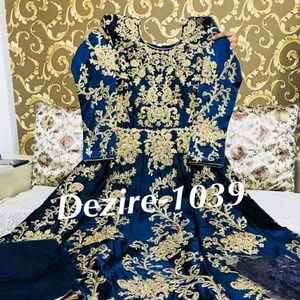 Royal blue dress with gold embroidered